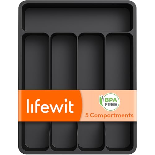 Lifewit Silverware Drawer Organizer Tray, Plastic Cutlery Storage for Kitchen, Flatware and Utensil Holder Divider for Spoons Forks Knives Tableware, 9.1 x 12.6", 5 Slots, Black - color: Black, size: 9.1 x 12.6 inch (5 Slots)