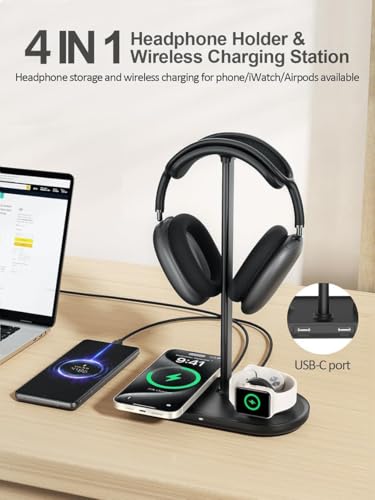 Airpod Max Charger Stand with 15W Wireless Charger, 4 in 1 Headphone Stand | Headset Holder for AirPods Max 2/Pro/iWatch/Vision Pro, Charging for iPhone 17/16/15/14/13/12/11/X, Aluminum Alloy Rod, Black - color: Dark Black