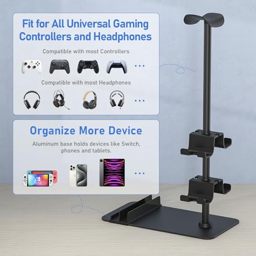 MANMUVIMO Headset Stand Controller Holder for 1 Headset and 4 Controller, Headphone Game Controller Stand for Desk, Gamer Gifts, Organizer Rack for iPad/Mobile Phone, Gaming Room Accessories - size: 1 Headphone 4 Controller Holder Black