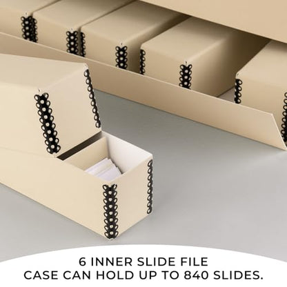 Golden State Art, Archival Slide Storage Box, Tan, 15.5"x11.5"x3" | Acid-Free Metal Edge Organizer With 6 Inner File Cases, Holds Up to 840 Films, For Storing Photos and Negatives - size: 15.5" x 11.5" x 3"