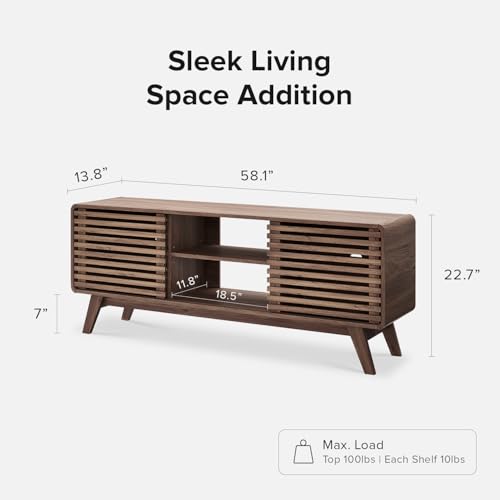 mopio Ensley 59" Tall TV Stand with Slatted Door, Mid Century Modern Entertainment Center for 55-65 inch TV, Farmhouse Media Console with Storage, Adjustable Shelves, Round Edges, Living Room (Walnut) - color: Walnut, size: 59 inch Tall