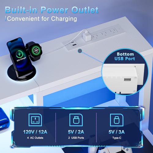 REAHOME 61 Inch Gaming Desk with Charging Station and LED Lights, Reversible Computer Desk with Storage Drawer and Monitor Stand, Modern Desk Table with File Cabinet & Side Pocket, Carbon Fiber White - color: Carbon Fiber White