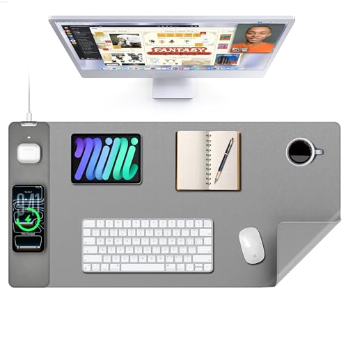 TopMade Mouse Pad with 15W Wireless Charging, XXL Large Leather Desk Mat, Waterproof Gaming Mousepad Home Office Desk Pad Protector, Computer Keyboard Pad, Mouse Mat for MacBook, PC, Laptop, Gray - color: Gray