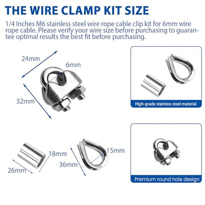 30PCS 1/4 Inches M6 Stainless Steel Wire Rope Cable Clip Clamp & M6 Thimble & M6 Aluminum Crimping Loop Sleeve (3 Styles 10PCS Each), Cable Clamp Fasteners for 1/8"-1/4" Wire Cable for Outdoors - size: 30pcs-M6(4mm-5mm)