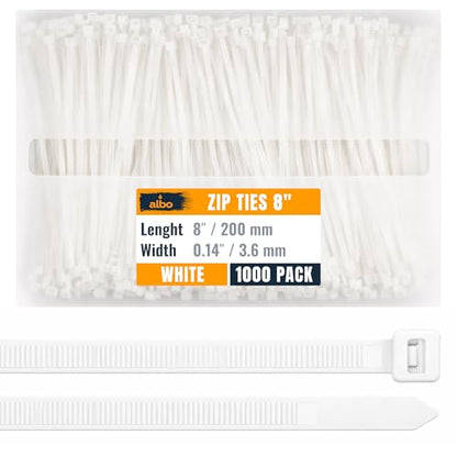 ALBO Zip Ties White 8 Inch 1000 Pack 40 lb, Long Plastic Cable Ties Thick 0.14 Inch Tie Wraps Heavy Duty UV Resistant Nylon Wire Ties for Indoor and Outdoor - size: 8" White 1000 Pack 40lb