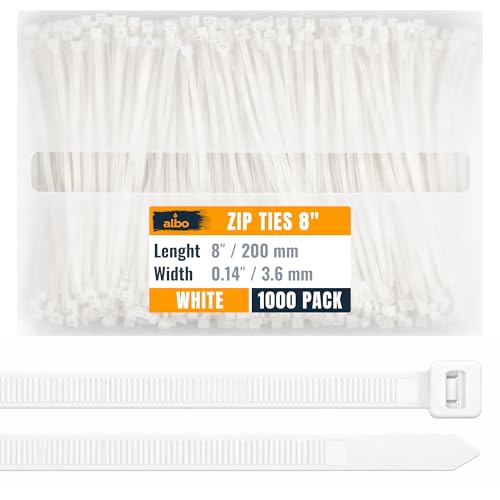 ALBO Zip Ties White 8 Inch 1000 Pack 40 lb, Long Plastic Cable Ties Thick 0.14 Inch Tie Wraps Heavy Duty UV Resistant Nylon Wire Ties for Indoor and Outdoor - size: 8" White 1000 Pack 40lb