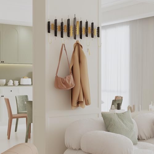 Piano Key Wall Mounted Coat Hook, 5 Gold Hooks Entryway Organizer with Installation Kits, Black and Gold Hall Tree for Living Room, Bedroom, Bathroom, Corridor, 24.4" x 12.2" - style: Notes Dancing