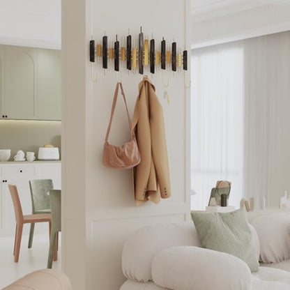 Piano Key Wall Mounted Coat Hook, 5 Gold Hooks Entryway Organizer with Installation Kits, Black and Gold Hall Tree for Living Room, Bedroom, Bathroom, Corridor, 24.4" x 12.2" - style: Notes Dancing