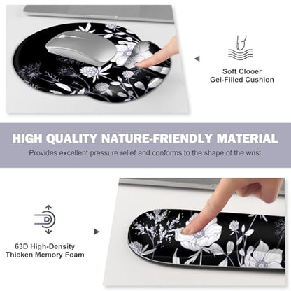 Gaming Mouse Pad, Large Desk Mat, Cute Desk Pad Protector, 4in1 XXL Mousepad + Keyboard Wrist Rest+Mouse Wrist Rest+Coaster Set with Ergonomic Desk Pad for Home Office PC Computer, Black White Flowers - color: Black White Flowers