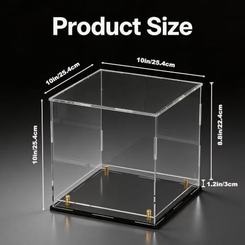 Acrylic Display Case for Collectibles, Dustproof Acrylic Box with Clear Display Elevation & Gold Risers, Large Display Case for Figures Toys Memorabilia, 10" L x 10" W x 10" H - size: 10"L x 10"W x 10"H