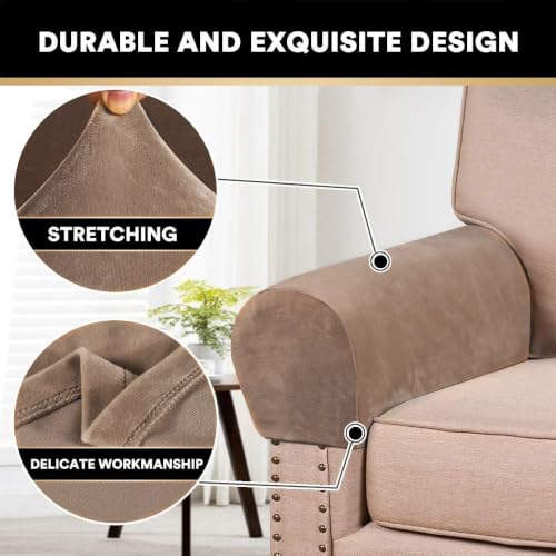 PrinceDeco 4 Pack Thick Velvet Stretch Armrest Covers for Chairs and Sofas Armchair Cover for Arms Couch Arm Cover Armrest Covers for Sofa Non Slip, Camel - color: Camel