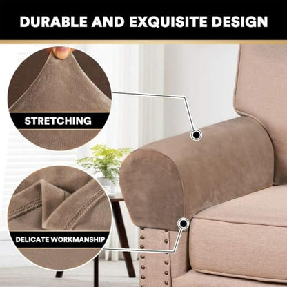 PrinceDeco 4 Pack Thick Velvet Stretch Armrest Covers for Chairs and Sofas Armchair Cover for Arms Couch Arm Cover Armrest Covers for Sofa Non Slip, Camel - color: Camel