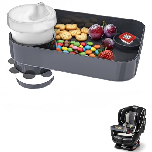 Kids Car Travel Tray Square for Car Snacks Tray, Car Seat Tray with Cup Holders for Stroller Snack Tray Travel Must Haves (Dark Gray) - color: Dark Gray
