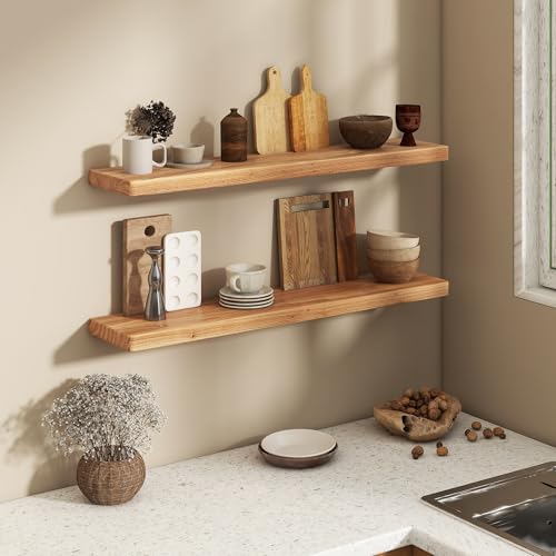 Fun Memories Rustic Elm Wood Floating Shelves, Wooden Wall Shelves 40 Inch Long Set of 2, Heavy-Duty Bathroom Shelf for Wall, Solid Wood Storage Shelf for Kitchen, Bedoom, Office - color: Usa-sourced Elm Wood, size: 40"W x 6.7"D