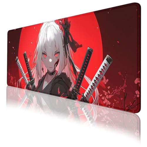 Anime Samurai Girl Gaming Mouse Pad Red Moon Gothic Large Desk Mat with Stitched Edges,Non-Slip Waterproof Rubber Base Mouse Mat Office Computer Keyboard Laptop 31.5"x11.8" - color: Anime Samurai Girl