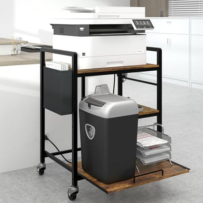 Sedegn Large Printer Stand with Wheels: Lockable Rolling Printer Cart | 24 x 18 Inch Top Fits Laser Printers Shredders and PC Towers 3-Outlet Power Strip and Storage Bag for Home Office (Brown) - color: Brown