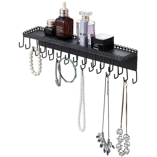 MyGift 15 Inch Wall Mounted Matte Black Metal Jewelry Organizer & Display Shelf with Vintage Lace Design, Hanging Perfume Storage and 26 Hook Necklace Hangers - color: Matte Black-Set of 1
