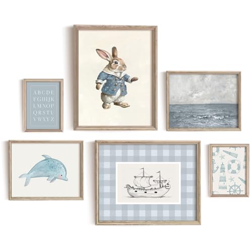 Vodefoad Nursery Gallery Wall Art Set Vintage Cute Kids Blue Nursery Wall Decor Dolphin Rabbit Boat Sea Landscape Canvas Painting Retro Antique Blue Nursery Poster Girls Gallery Art for Kids Bedroom, Nursery Room Decor- Unframed - color: Blue Nursery, siz