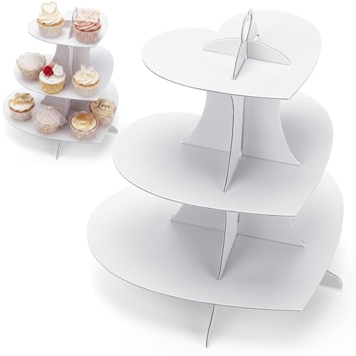 Willinglong 3 Tier Cardboard Cupcake Stand White Heart Cupcake Stands Disposable Cupcakes Tower Dessert Cup Cake Stand Tower Display Decoration for Wedding Anniversary Birthday Party Supplies - color: White, size: Heart