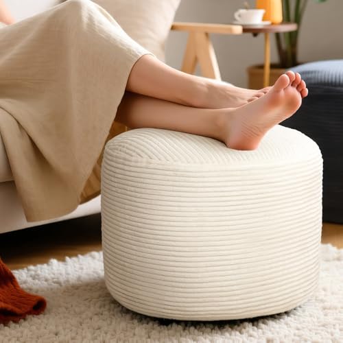 Round Corduroy Ottoman Foot Rest Pouf for Living Room Couch - Soft Plush Shredded Foam Filled Hassock Stool, Comfy Footstool - color: Beige, size: 20"D x 20"W x 15"H