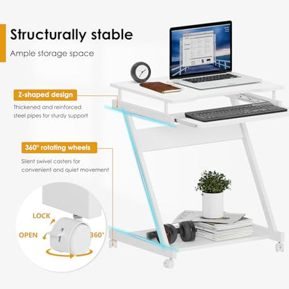 sogesfurniture Mobile Computer Desk Small Rolling Office Table Workstation with Printer Shelf and Keyboard Tray, Space-Saving Computer Desk with Storage Shelf for Home and Office (White) - color: White