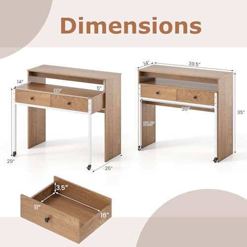 Tangkula Extendable Computer Desk with 2 Storage Drawers, Convertible Home Office Desk with Monitor Shelf, Metal Frame & Lockable Wheels, Rolling Study Writing Desk (Natural) - color: Natural