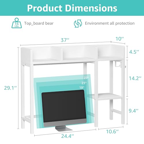 BOLUO Desk Hutch Dorm Room, Desktop Bookshelf for Computer Desk 37" Hutch Organizer Tabletop Storage Rack for College Essentials Home Office White
