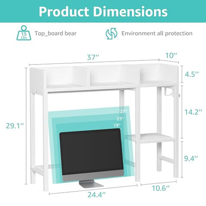 BOLUO Desk Hutch Dorm Room, Desktop Bookshelf for Computer Desk 37" Hutch Organizer Tabletop Storage Rack for College Essentials Home Office White