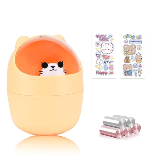 Cute Desktop Tiny Trash Can with Flip Lid, Creative Kawaii Bear Mini Wastebasket, Portable Countertop Dustbin for Office Kitchen Vanity Tabletop Bedroom (Yellow) - color: Yellow