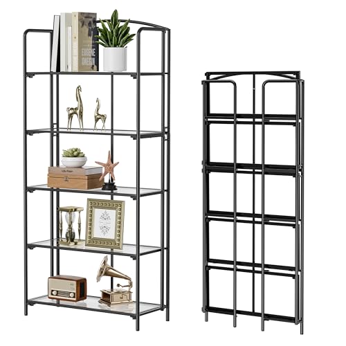 Crofy 5-Tier Wider Foldable Bookshelf, Black Frame & Transparent Shelves | Collapsible Portable Storage Organizer; Sturdy Transparent Shelves; Ideal for Living Room & Home Office - color: Black Frame & Transparent Shelf, size: 5 Tier Wider