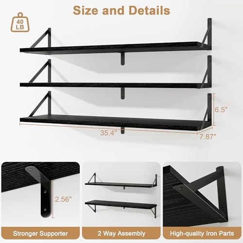 Fun Memories Floating Shelves for Wall, 36 Inches Long Set of 3 Wall Shelves for Bedroom, Floating Bookshelves with Metal Brackets for Living Room, Kitchen, Bedroom and Laundry Room (Black) - color: Black, size: 36"W x 8"D