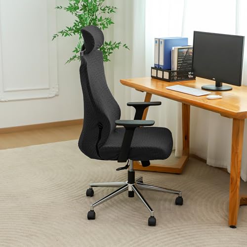 Ergonomic Office Chair Cover with Headrest Covers Black Jacquard Stretch Desk Chair and Headrest Slipcovers Washable - color: Jacqaurd L-black, size: Chair and Headrest Covers
