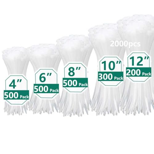 2000 PCS Zip Ties Assorted Sizes 4+6+8+10+12 Inch Self-locking Nylon Cable ties Heavy Duty Outdoor, UV Resistant Wire Straps for Home Office Garden Workshop Indoor Outdoor Fence((White) - color: White, size: 4+6+8+10+12 inch(2000pcs)
