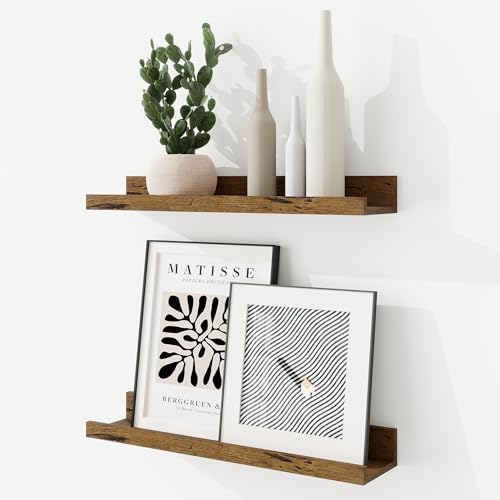 RICHFOCUS Picture Ledge Shelf, 16 inch Floating Shelves Set of 2, Wood Wall Shelves with Lip, Wall Decor Storage for Bedroom Living Room Bathroom Kitchen Nursery Photo Picture, Rustic Brown - color: Rustic Brown, size: 16 Inch, set of 2