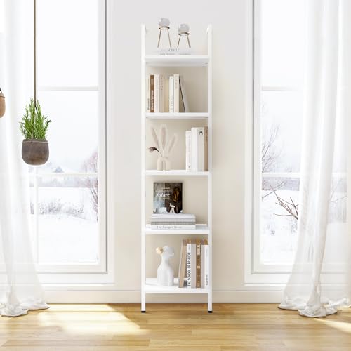 ELYKEN Ladder Shelf, White 5-Tier Wood Wall Mounted Bookshelf with Metal Frame, Modern Open Display Organizer Rack, Leaning Storage Shelves for Living Room, Bedroom, Home Office - color: White