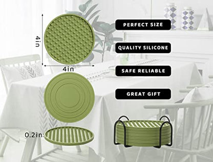 Coasters for Drinks 6 Pack Drinking Coaster with Holder,Heat Resistant Silicone Cup Mat Tabletop Protection,Non-Slip Rubber Coasters for Kinds of Cups (Green) - color: Green-metal Holder
