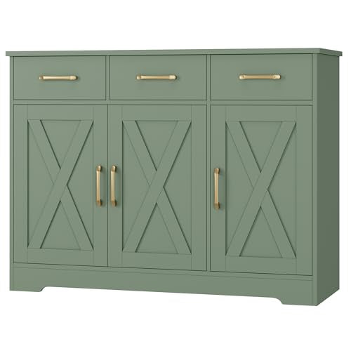 HOSTACK Modern Farmhouse Buffet Sideboard Cabinet, Barn Doors Storage Cabinet with Drawers and Shelves, Wood Coffee Bar with Storage for Dining Room, Kitchen, Living Room, Green - color: Green