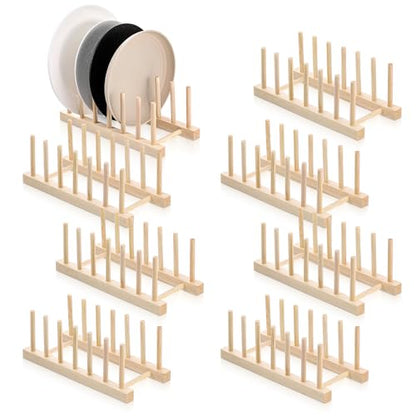 SHENLIU 8 Pcs Bamboo Wooden Plate Rack, 6 Slots Plate Organizer Dish Drying Rack Stand Drainer for for Kitchen Pot Lid Bowl Cup Book Cutting Boards