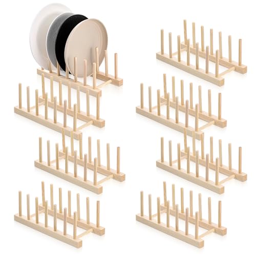 SHENLIU 8 Pcs Bamboo Wooden Plate Rack, 6 Slots Plate Organizer Dish Drying Rack Stand Drainer for for Kitchen Pot Lid Bowl Cup Book Cutting Boards