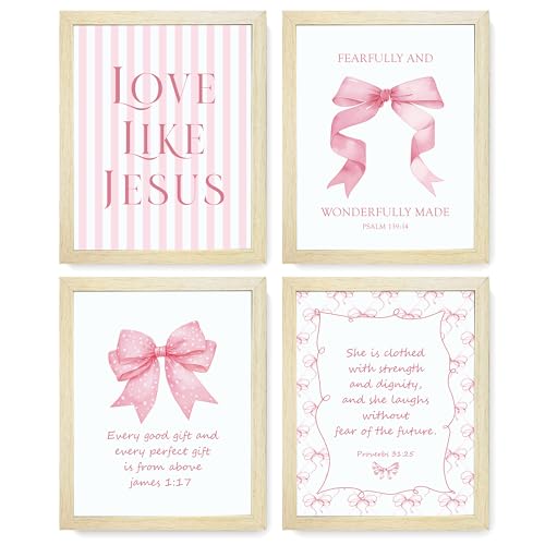 LARTSFRO Coquette Pink Bow Jesus Wall Art Decor Posters, Pink Bow Room Bedroom Bathroom Dorm Wall Art Decor Aesthetic for College Teen Girls Gifts, Inspirational Bible Verses Bow Wall Decor, 10x8 Inch Set of 4 Pcs Bow Pictures (WOOD-GRAIN FRAMED) - color: