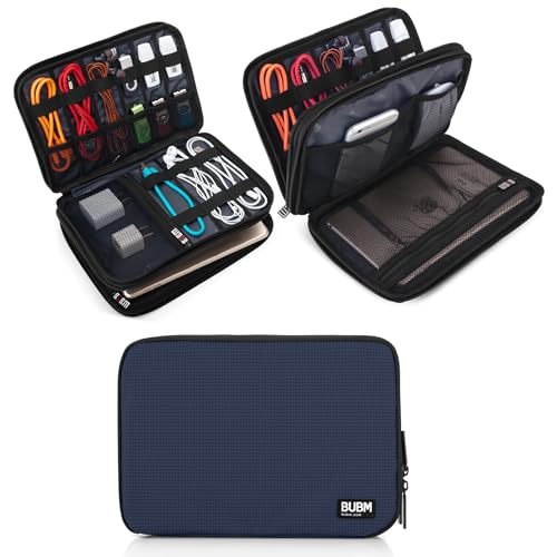 BUBM Double Layer Electronic Accessories Organizer, Travel Gear Bag for Cables, USB Flash Drive, Plug and More, Perfect Size Fits for iPad Mini (Medium, Dark Blue) | Travel Gadget Bag for Cables, USB Flash Drive, Plug and More, Perfect Size Fits for iPad