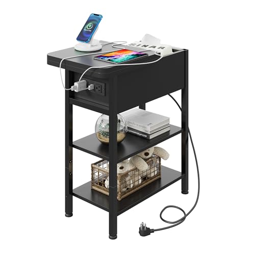 WLIVE End Table with Charging Station, Flip Top Narrow Side Table with Storage Shelf, Small Nightstand with USB Ports and Outlets,Bedside Table for Living Room, Bedroom,11.81" D x 23.62" W x 24.33" H - color: Black
