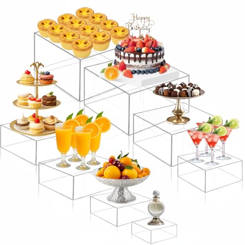 Geelin 8 Pack Acrylic Buffet Risers - 3 to 10 Inch Decorative Cube Boxes, Display Stands with Hollow Bottoms for Food Jewelry Table Display Supplies(Clear,Flat) - color: Clear, style: Flat