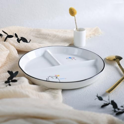 SOCOSY Ceramic 3-Compartment Portion Control Plate Divided Dish Platters, Divided Dessert Salad Dinner Snack Dishes, Appetizer Serving Trays, 1 PC - Balloon Cat-8 Inch - color: Balloon Cat