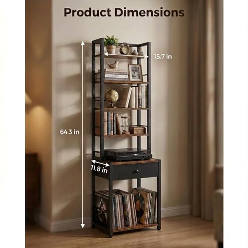 CD Storage Rack, 6-Tier DVD Organizer Shelf with Drawer & Adjustable Book Stoppers, Vinyl Record Holder &Multi-Purpose Media Organizer, Ideal for Living Room/Home Office,15.7x11.8x64.3Inch