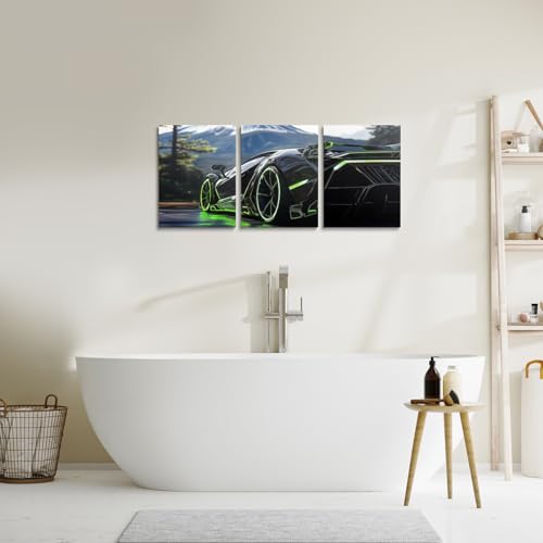 3D Kids Boys Sports Car Canvas Wall Art Set of 3 Green Race Car Wall Art for Kids Teen Boy Boys Racing Cars Wheel Poster Prints Girls Sports,12x16 - color: Black And Green