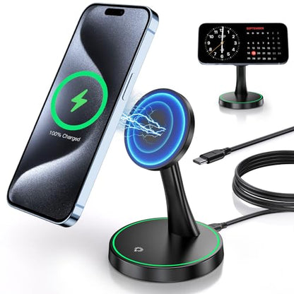 Magnetic Wireless Charger Stand 15W Fast Mag-Safe Charger for iPhone 17/17 pro/ 17 Air/ 17 pro max 16/15/14/13/12 Series Magnet Wireless Charging Station/Pad with Sleep-Friendly Light for AirPods - color: Black