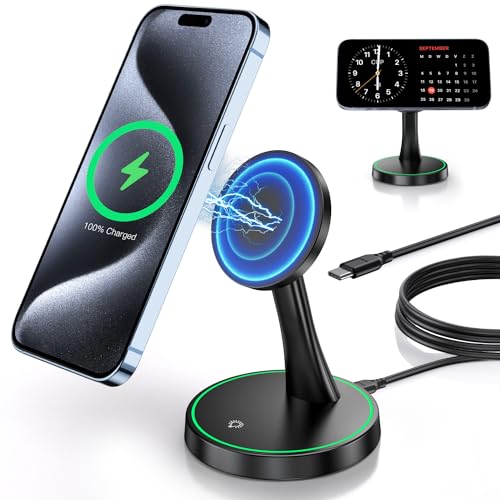 Magnetic Wireless Charger Stand 15W Fast Mag-Safe Charger for iPhone 17/17 pro/ 17 Air/ 17 pro max 16/15/14/13/12 Series Magnet Wireless Charging Station/Pad with Sleep-Friendly Light for AirPods - color: Black
