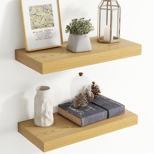 20 Inch Floating Shelves for Wall, 8 Inch Deep Floating Shelf for Storage & Display, Rustic Wall Mounted Shelf with Invisible Brackets for Living Room, Kitchen, Bathroom, Home Decor, Set of 2, Oak - color: Oak, size: 20 Inch, Set of 2
