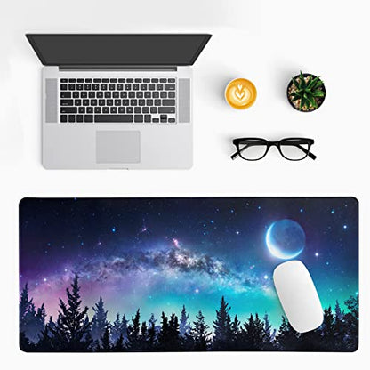 Extended Gaming Mouse Pad, XL Large Keyboard Mouse Mat Desk Pad, Stitched Edges Mousepad, 3mm Thick Long Non-Slip Rubber Base Mice Pad, 31.5 X 11.8 Inch, Forest Moon Galaxy - color: Forest Moon Sky